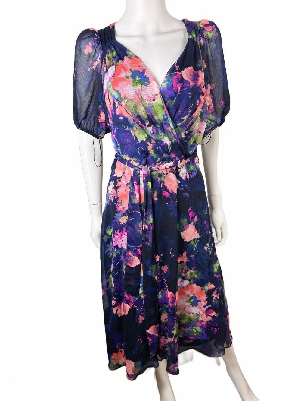 DKNY Floral Midi Dress with Puff Sleeves Size 10